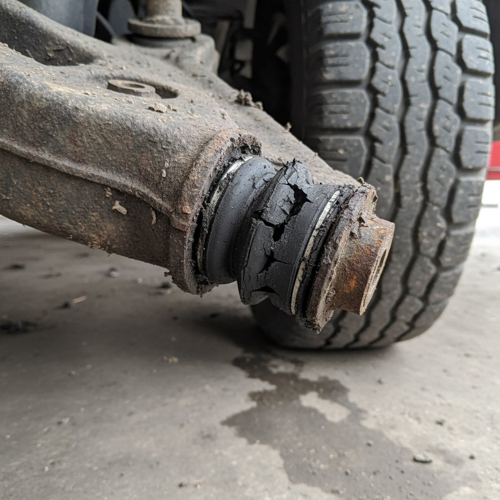 Close-up of a cracked, torn lower control arm bushing on a rusty suspension arm