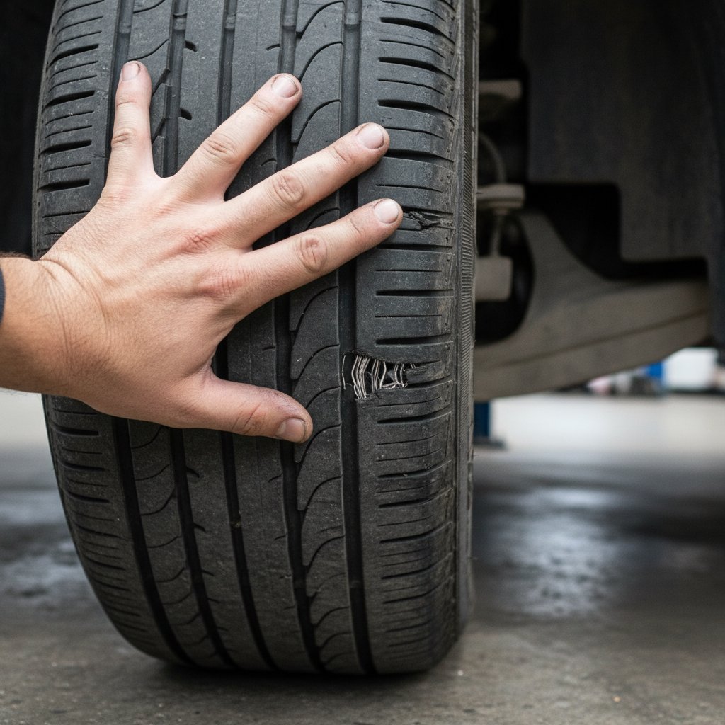 Hand checking heavy inner-edge wear on a front tire caused by a worn control arm