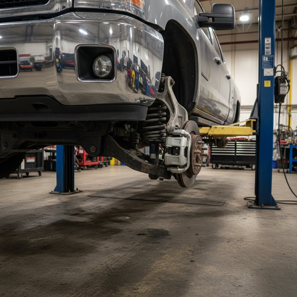 Full-size pickup truck on a two-post hydraulic lift with front wheel removed exposing upper and lower control arms coil spring and brake rotor