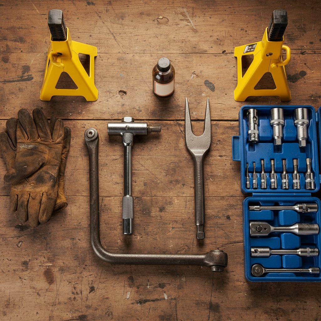 Flat-lay photo of a torque wrench, ball-joint separator, jack stands, breaker bar, penetrating oil, socket set, and work gloves on a wooden mechanic bench