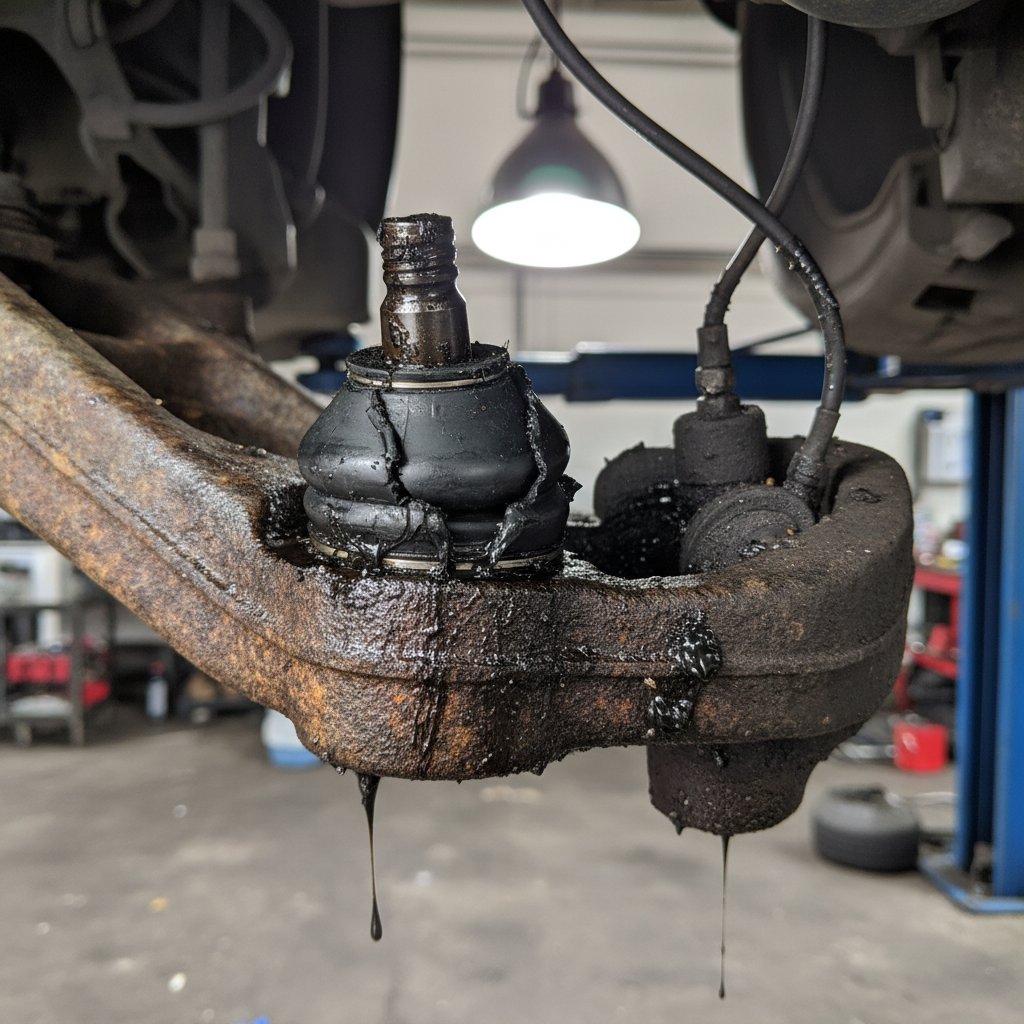 Ruptured ball joint boot with grease slung across a rusty lower control arm