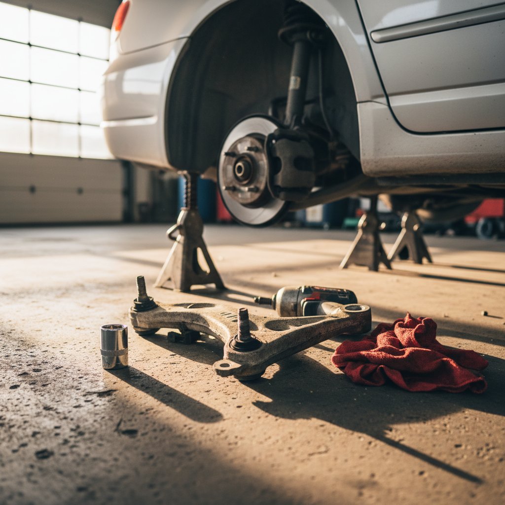 Used rusted lower control arm with split bushing resting on an oil-stained shop floor next to a sedan on jack stands, a 19mm socket, an impact wrench, and a red shop rag
