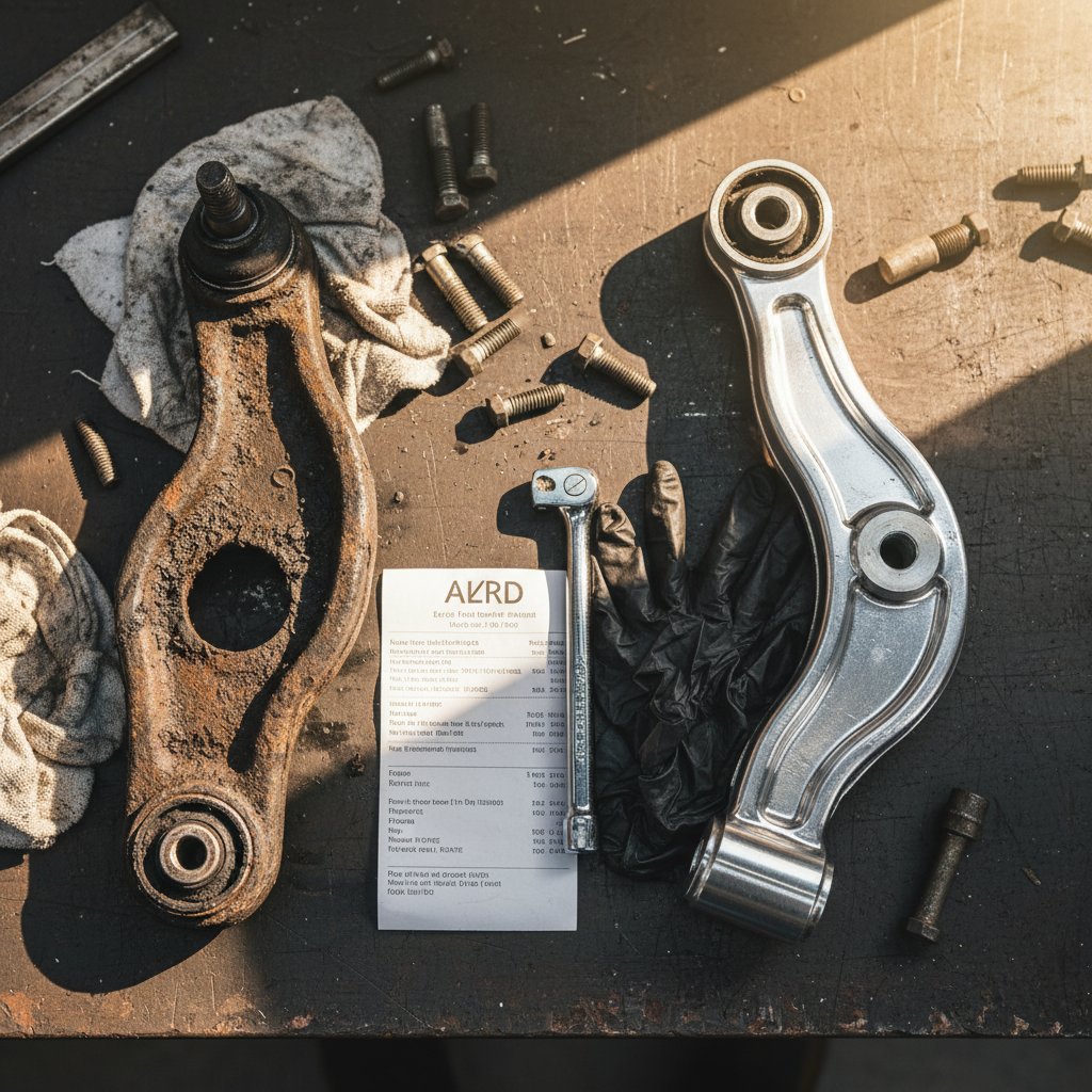 Rusted stamped-steel lower control arm with a torn bushing on the left, brand-new polished forged aluminum control arm on the right, on a workbench with a nitrile glove and torque wrench between them