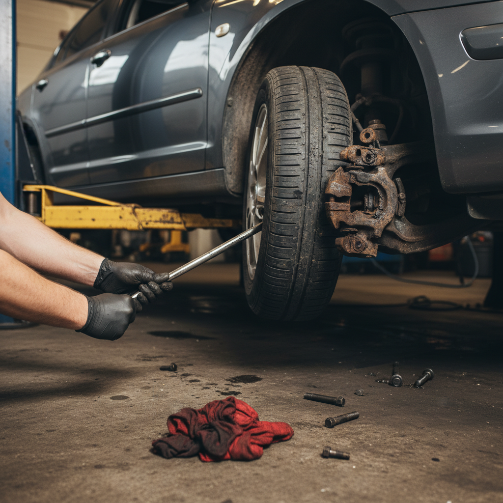 Pry bar check revealing play in a lower ball joint under a lifted sedan