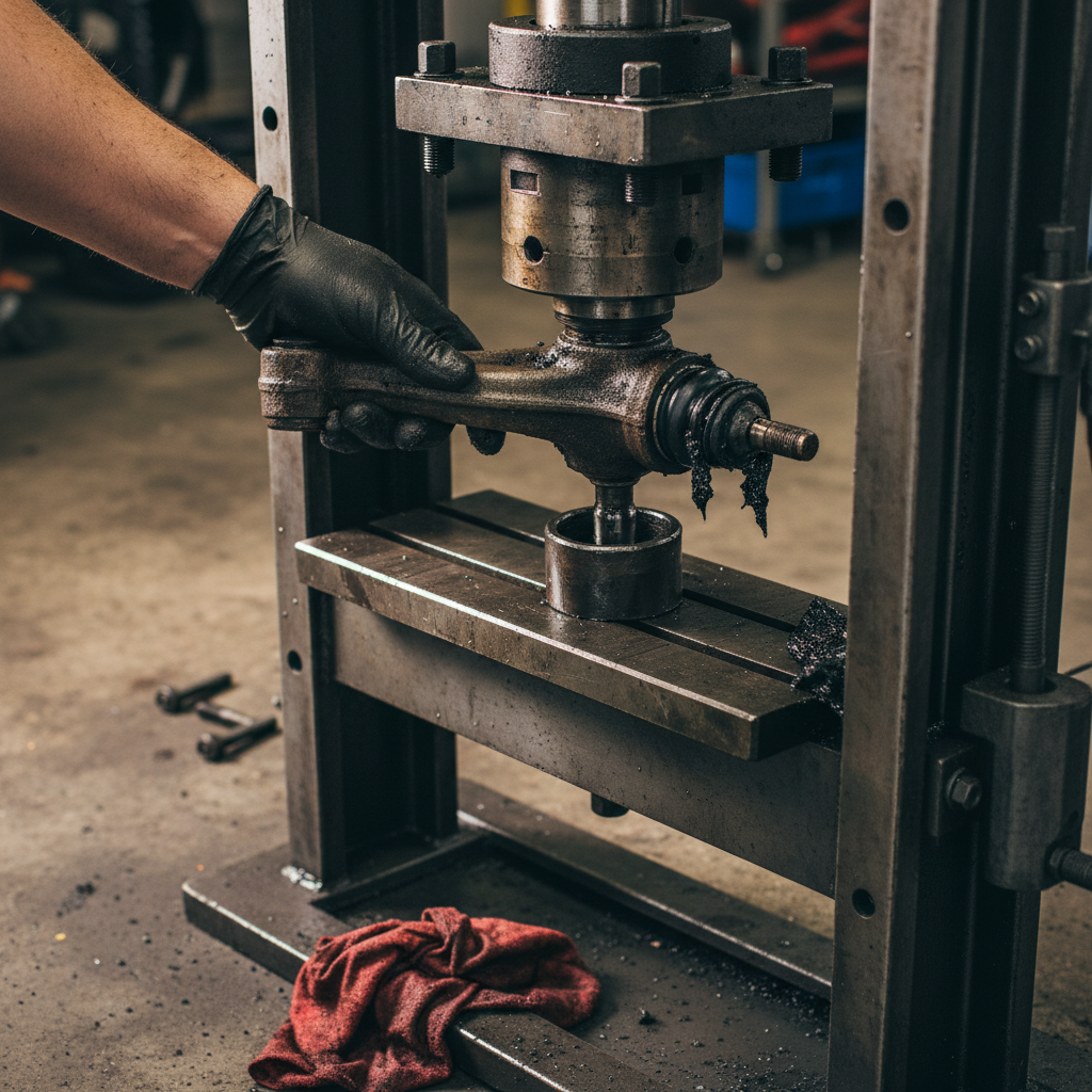 Serviceable ball joint being pressed out of a lower control arm in a shop press