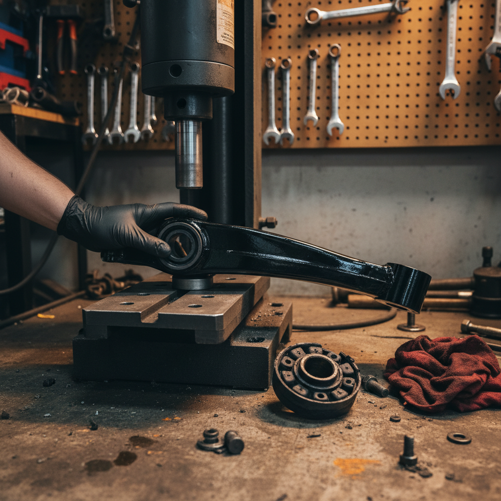 Hydraulic shop press installing a new rubber bushing into a lower control arm eye
