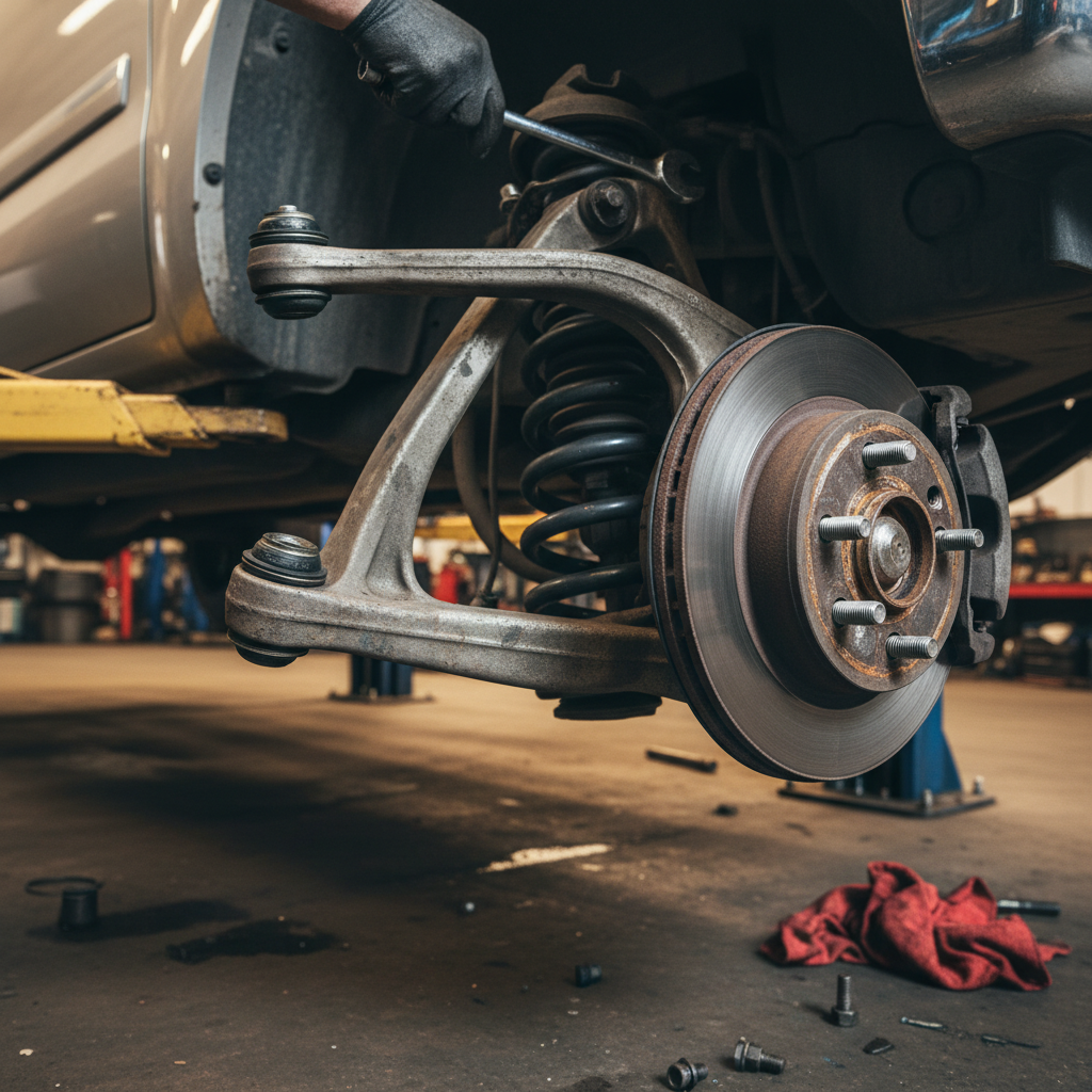Truck front suspension on a lift showing both upper and lower control arms