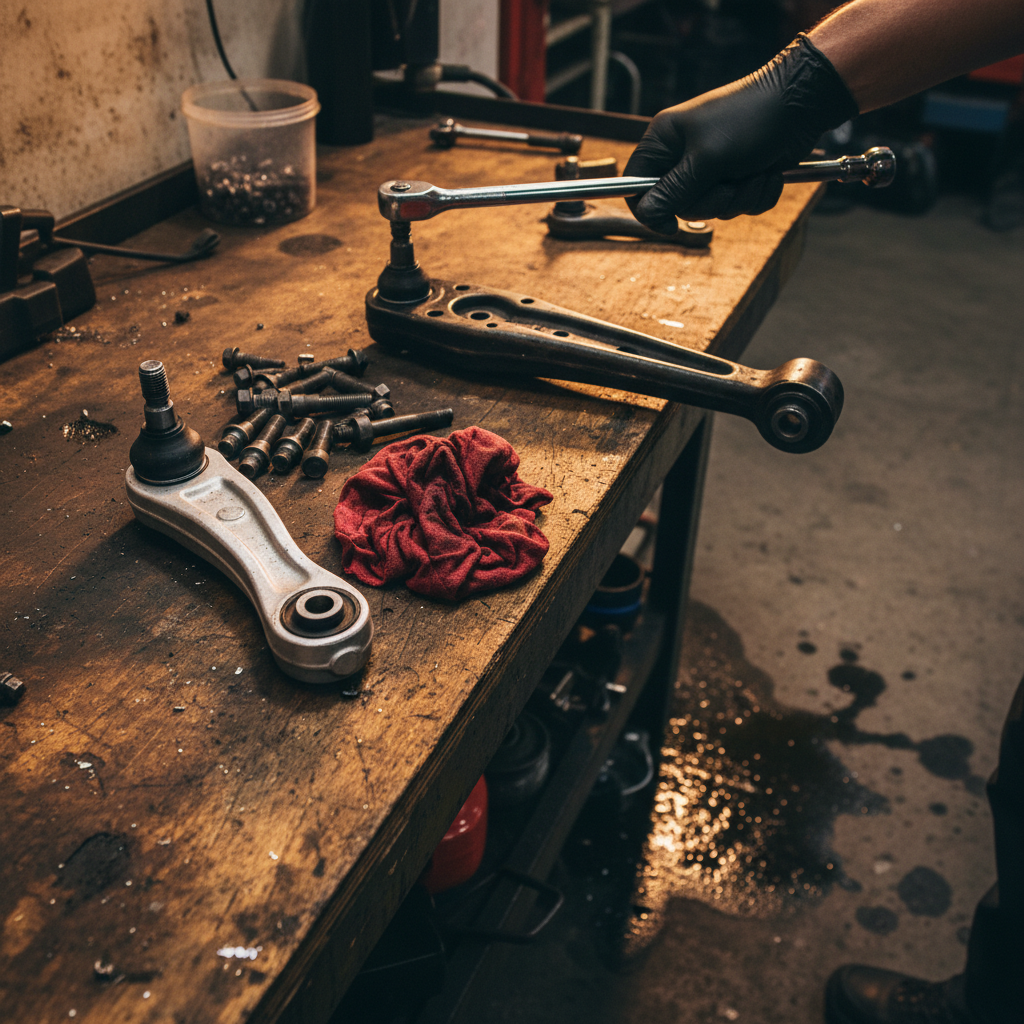 Upper and lower control arms side by side on a mechanic workbench for size comparison
