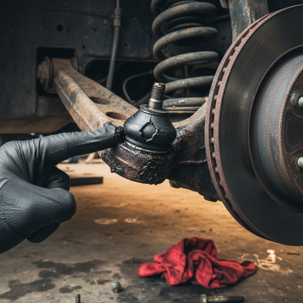 Torn upper ball joint boot with grease slung across a rusty upper control arm on a truck
