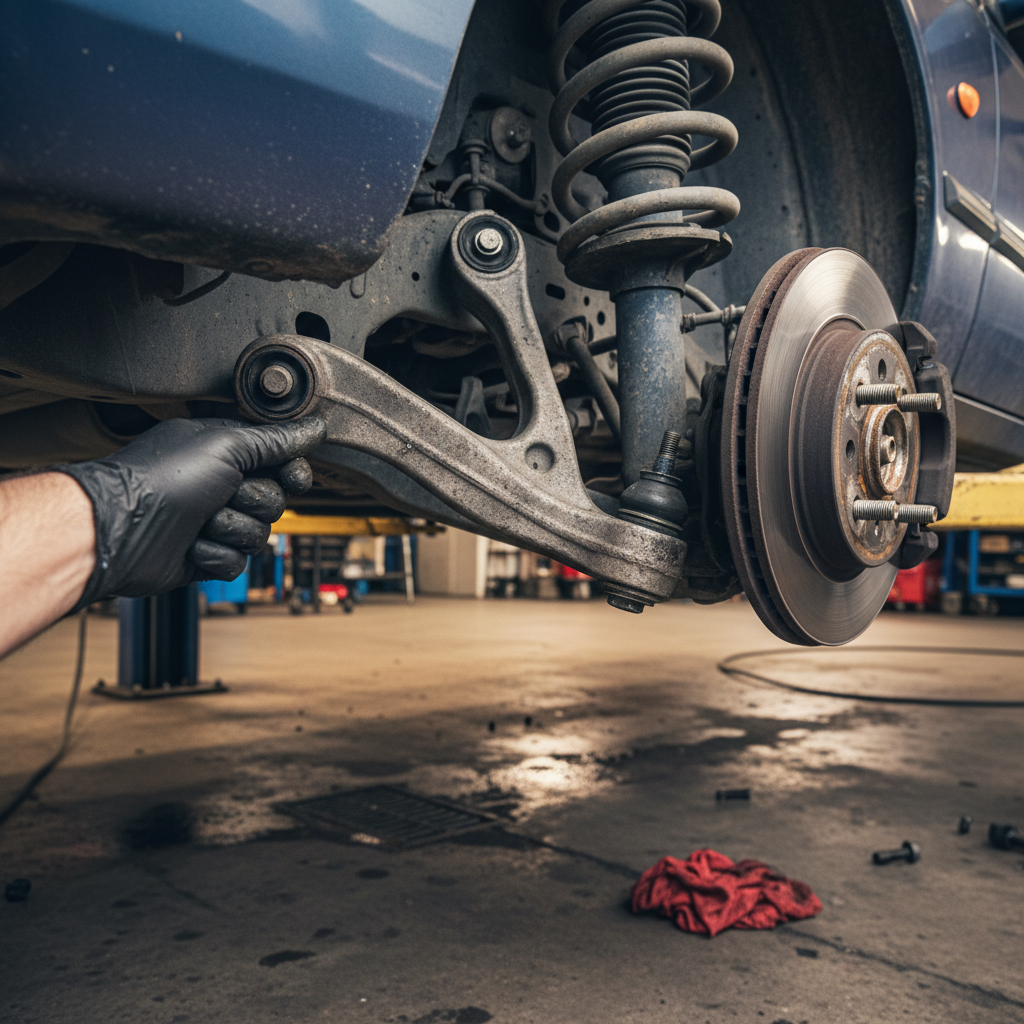 Front suspension viewed from under a lifted sedan showing the lower control arm and ball joint