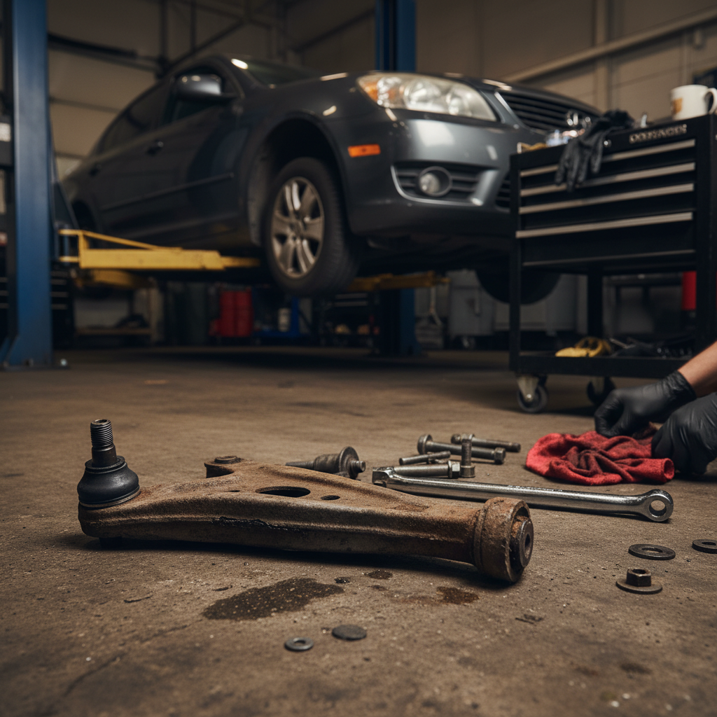Rusted lower control arm removed from a car resting on the shop floor next to the vehicle