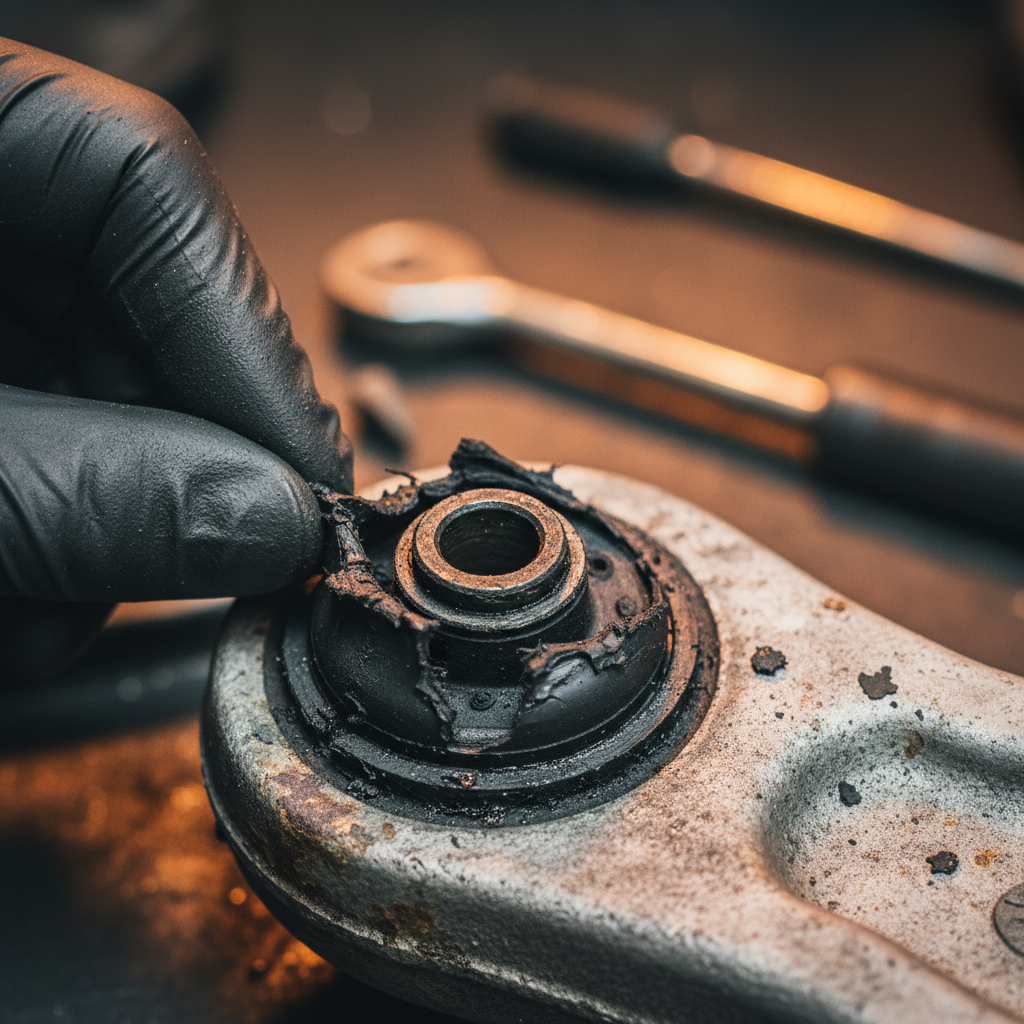 Close-up of a cracked torn rubber control arm bushing separated from its metal sleeve