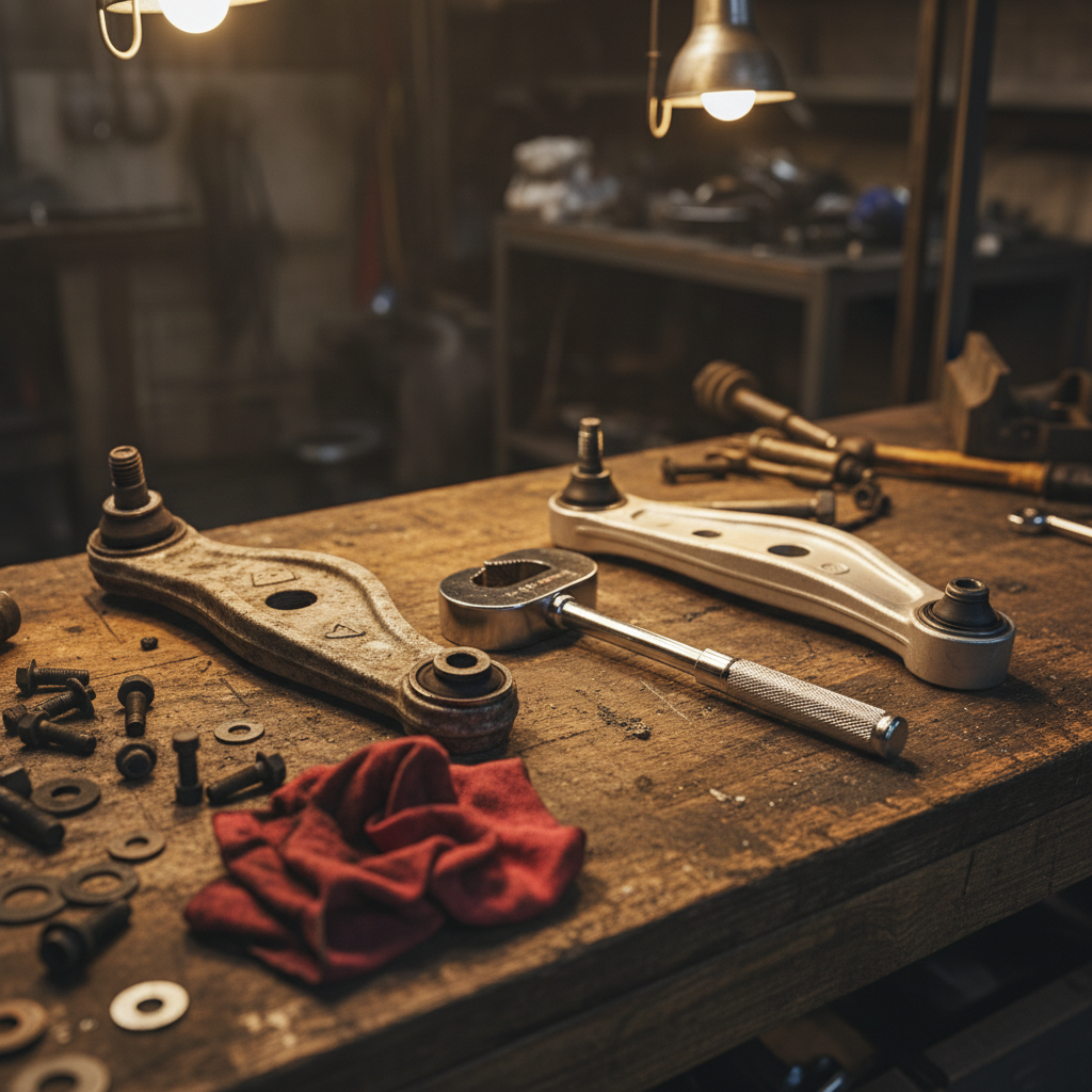 Worn old lower control arm next to a clean new replacement on a workbench