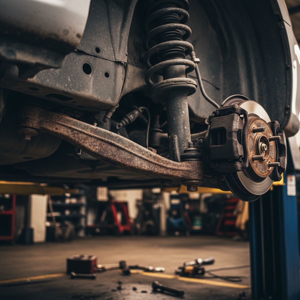 Aging lower control arm still bolted under a car with surface rust and road grime