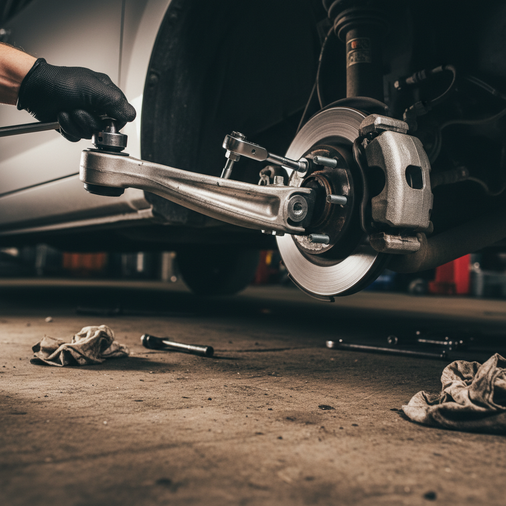 A clean new lower control arm bolted into place being torqued under the car