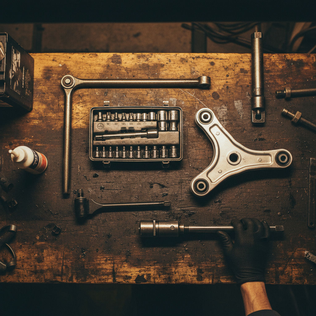 Tools staged on a workbench for a control arm job including a torque wrench and new arm