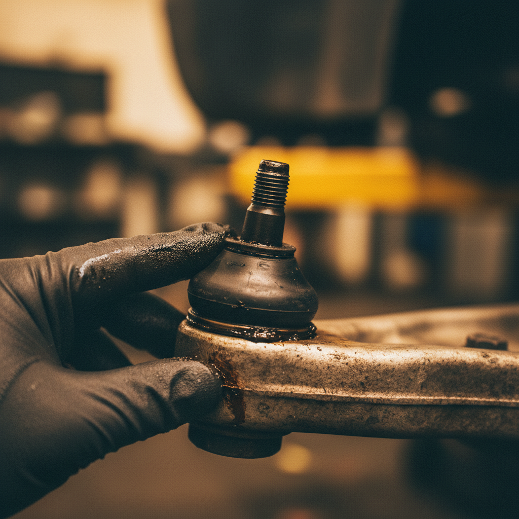 Close-up of the ball joint end of a lower control arm with the rubber boot and stud