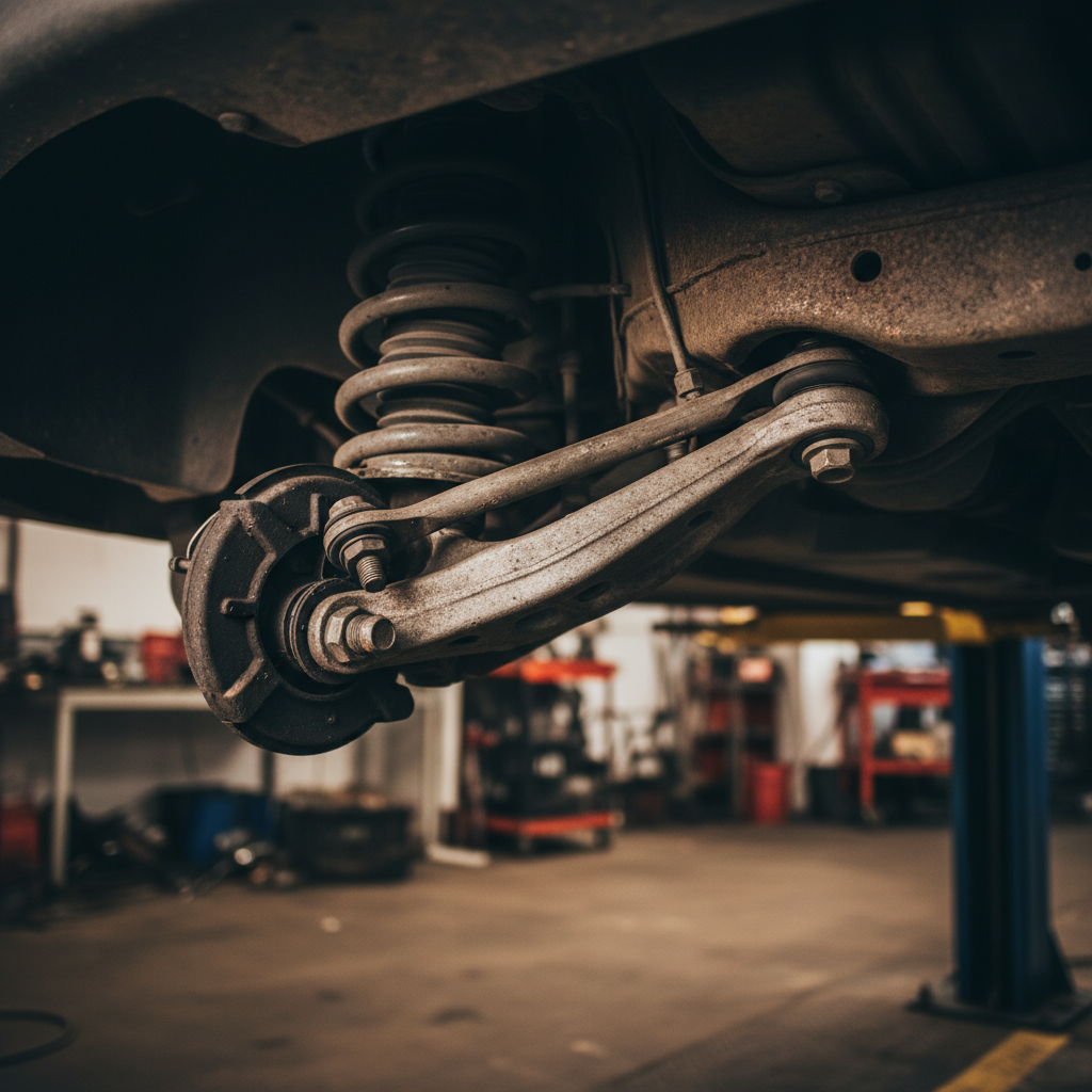 Lower control arm bolted in place connecting the steering knuckle to the frame