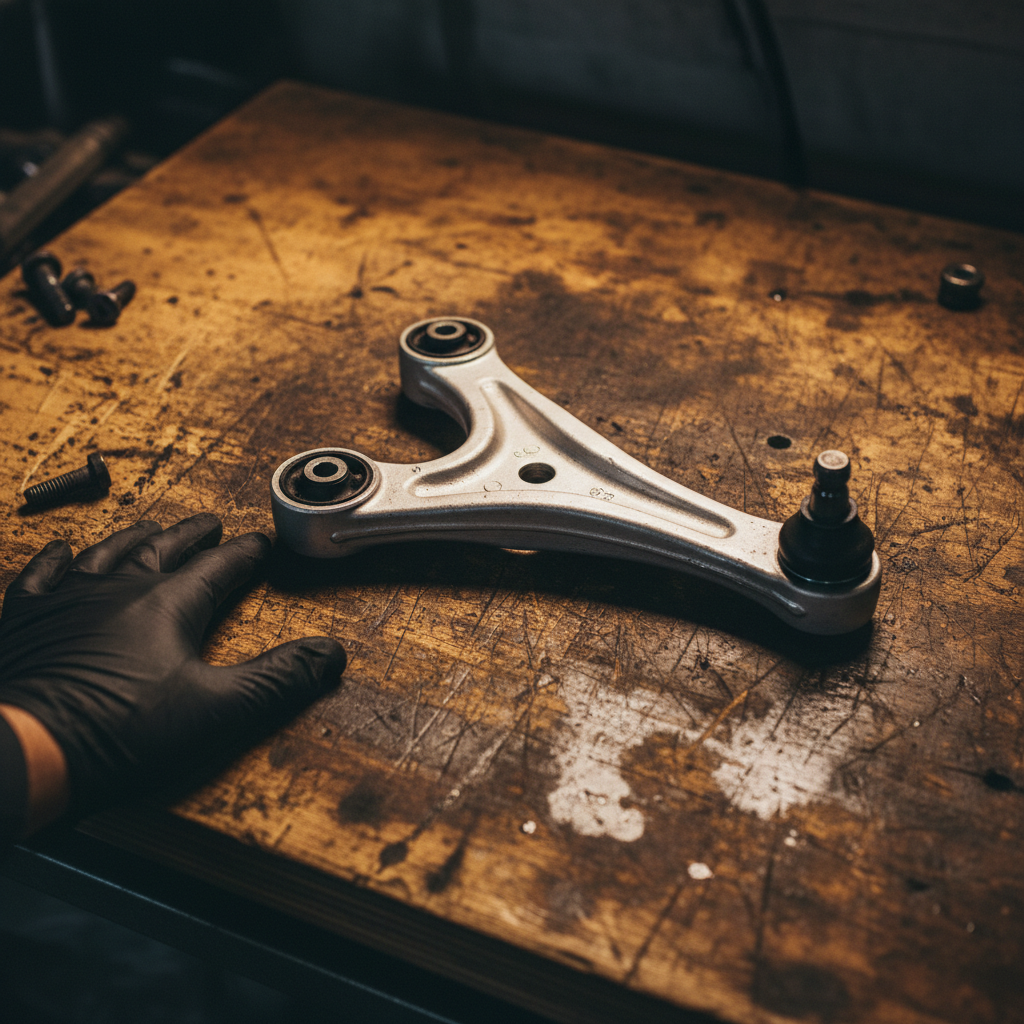New A-shaped lower control arm on a workbench with bushings and ball joint visible