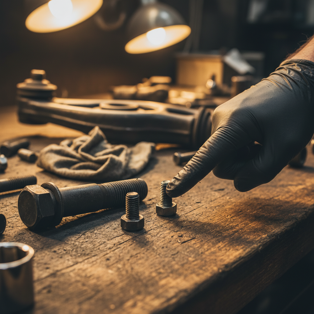 Lower control arm pivot bolt and ball joint pinch bolt side by side on a workbench