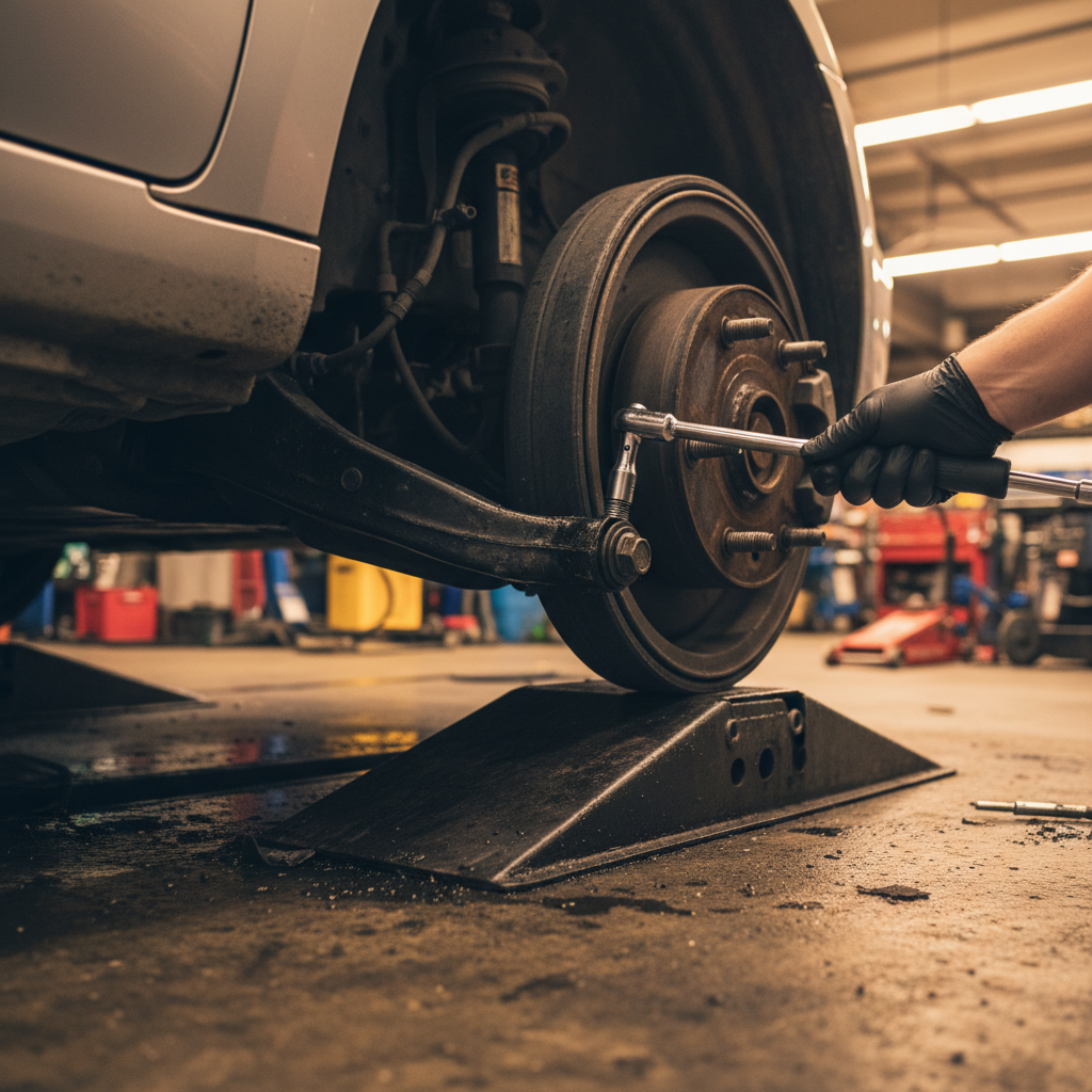 Torquing a lower control arm bolt at ride height with the wheel on drive-on ramps