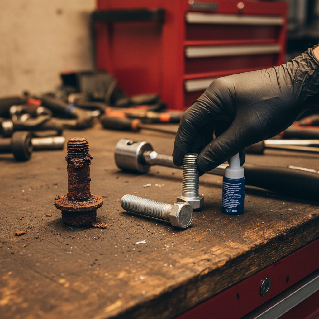 Worn used control arm bolt next to a clean new replacement bolt with thread locker