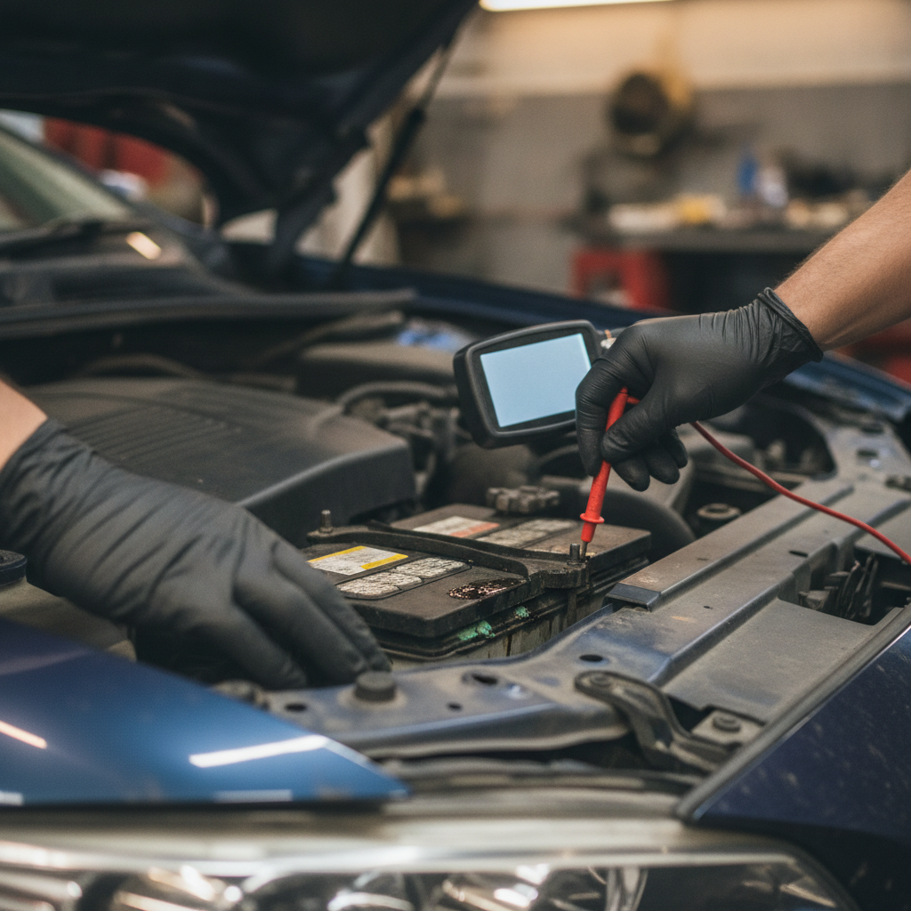 Multimeter probe testing battery voltage at the positive terminal