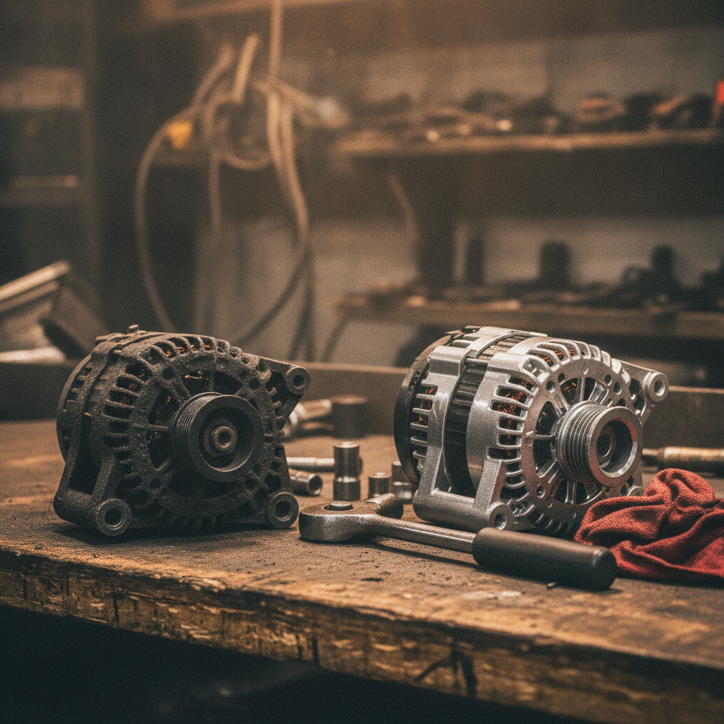 Worn alternator and new replacement alternator side by side on a workbench