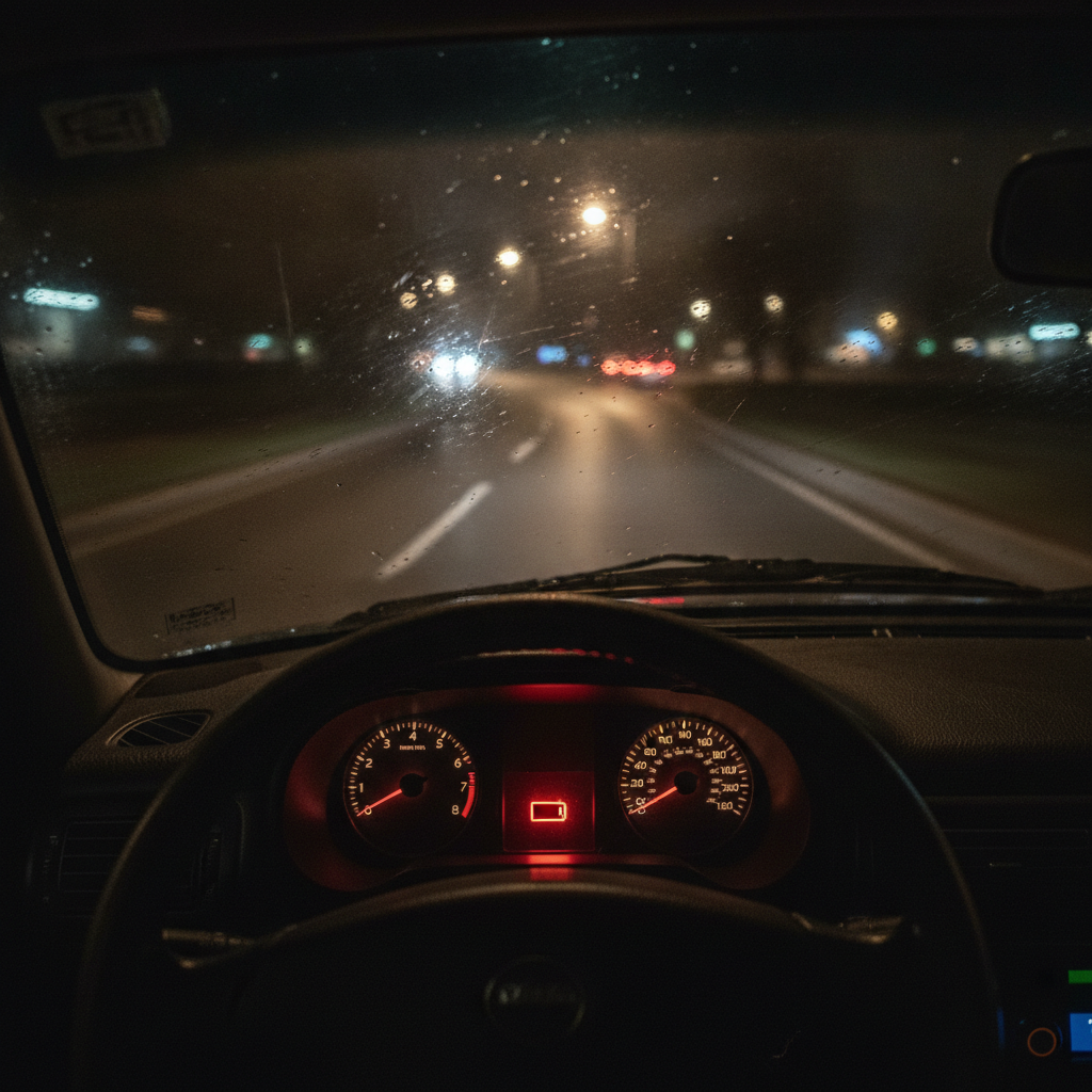 Dim dashboard at night with the battery warning light glowing red