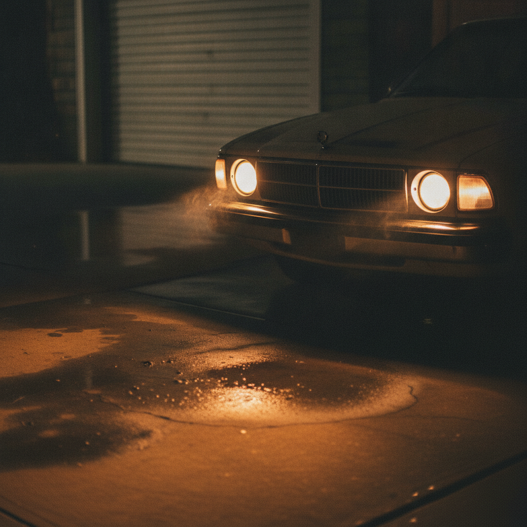 Car headlights at night with one noticeably dimmer than the other indicating a failing alternator