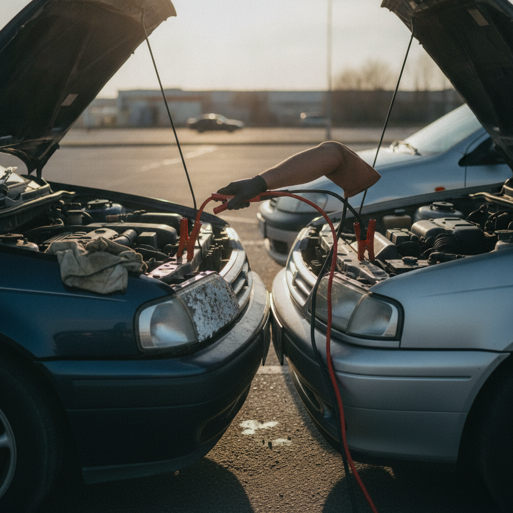 Jumper cables connecting two car batteries in a parking lot with a gloved hand adjusting a clamp on a corroded battery terminal