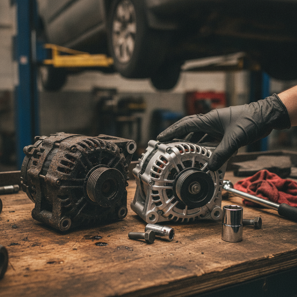 Worn rusted alternator next to a new clean aftermarket alternator on an oil-stained workbench with tools scattered around