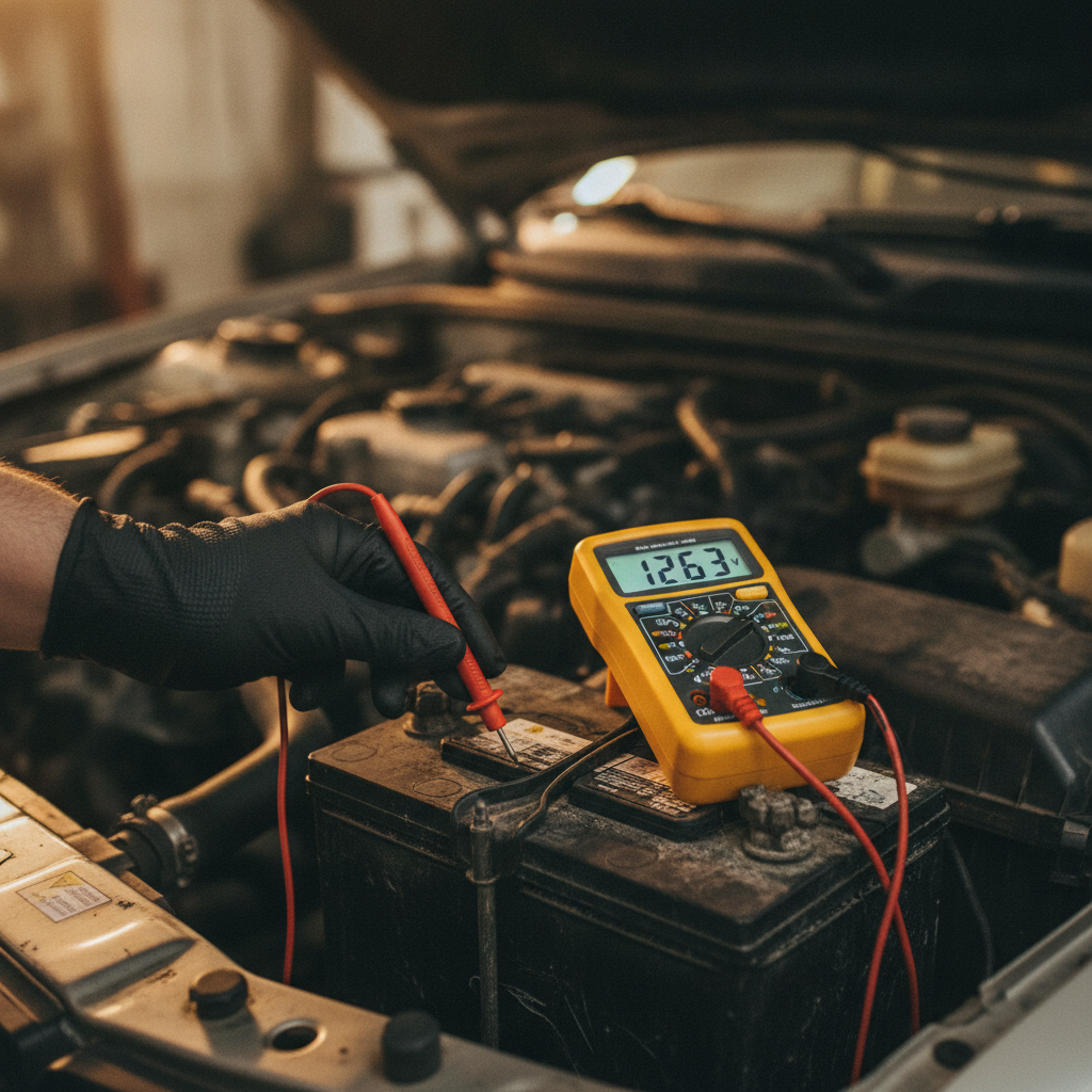 Yellow digital multimeter testing voltage on a car battery in an open engine bay