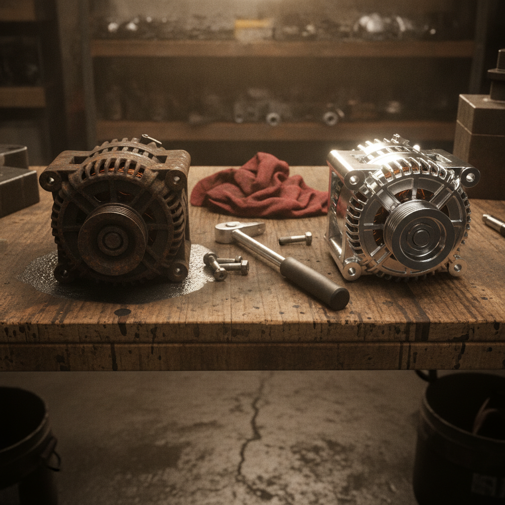 Old rusted alternator and new clean aftermarket alternator side by side on a workbench