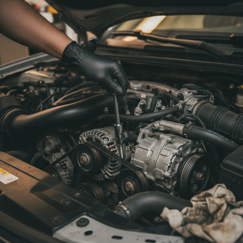 Gloved hand using a socket extension on an alternator mounting bolt during removal