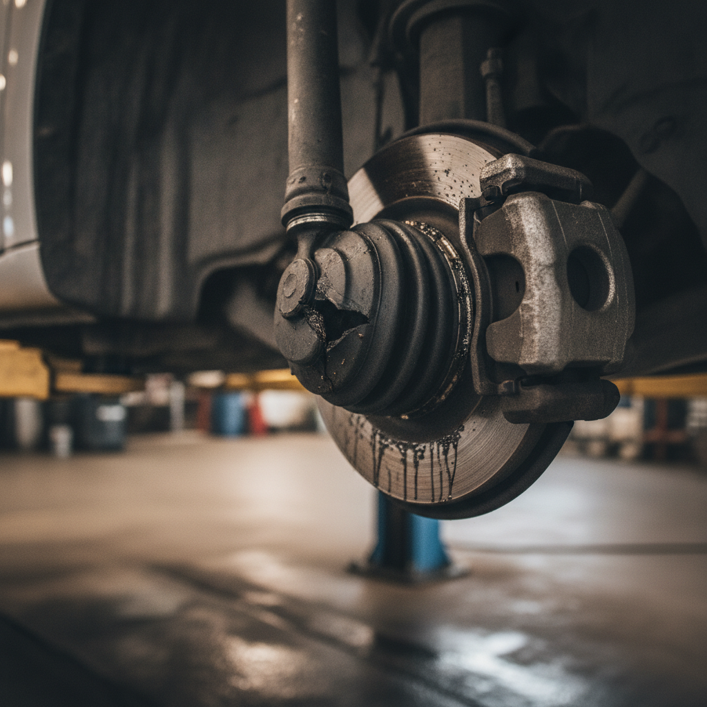 Torn CV boot on a drive axle inside a wheel well with fresh grease spray on the brake caliper