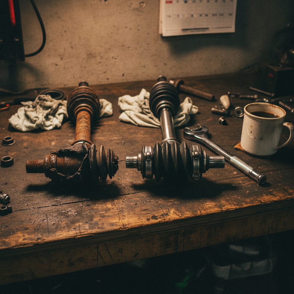Worn old CV axle next to a new aftermarket CV axle on a shop workbench with rags and tools