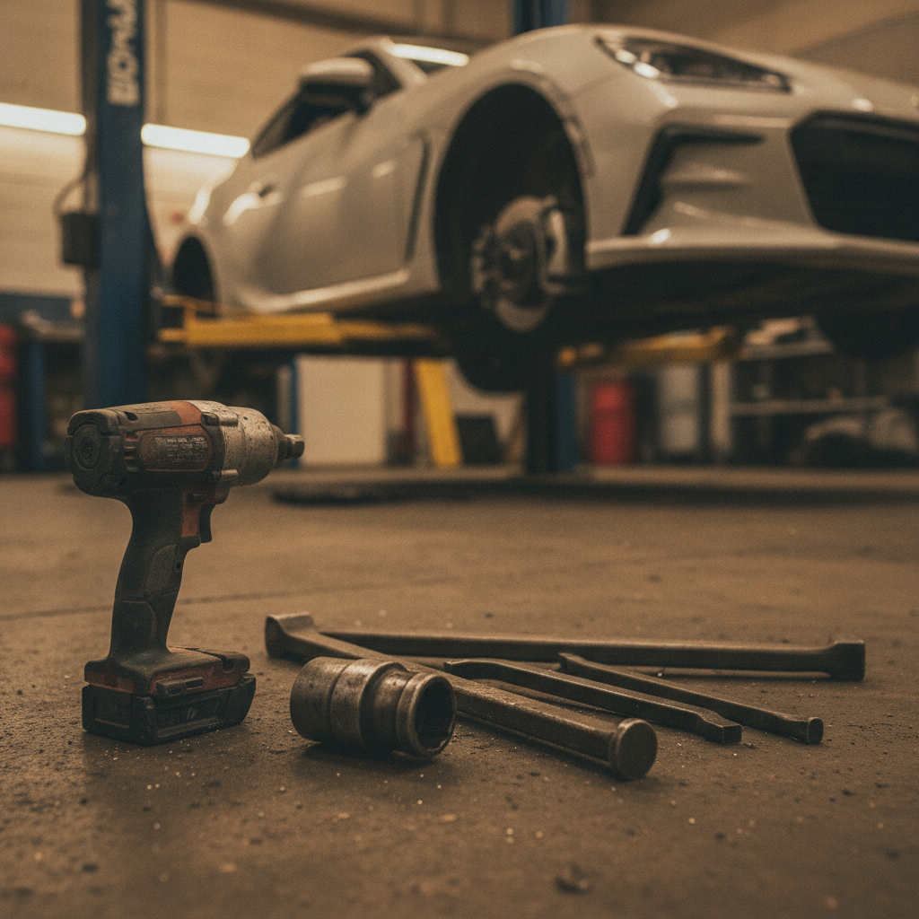 Impact wrench axle nut socket and breaker bar staged on shop concrete under a car on a lift